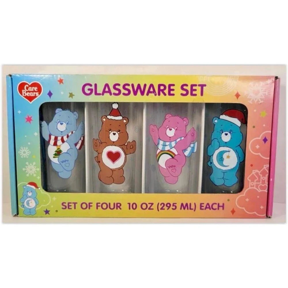 CARE BEARS Christmas Holiday Set Of 4 Glasses 10oz Glass Cups NEW